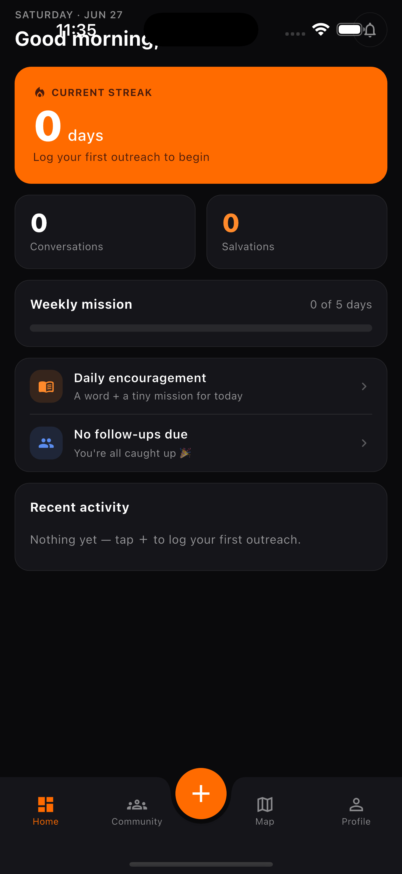 The Witnesses home screen showing current streak, weekly mission, encouragement, and recent activity.