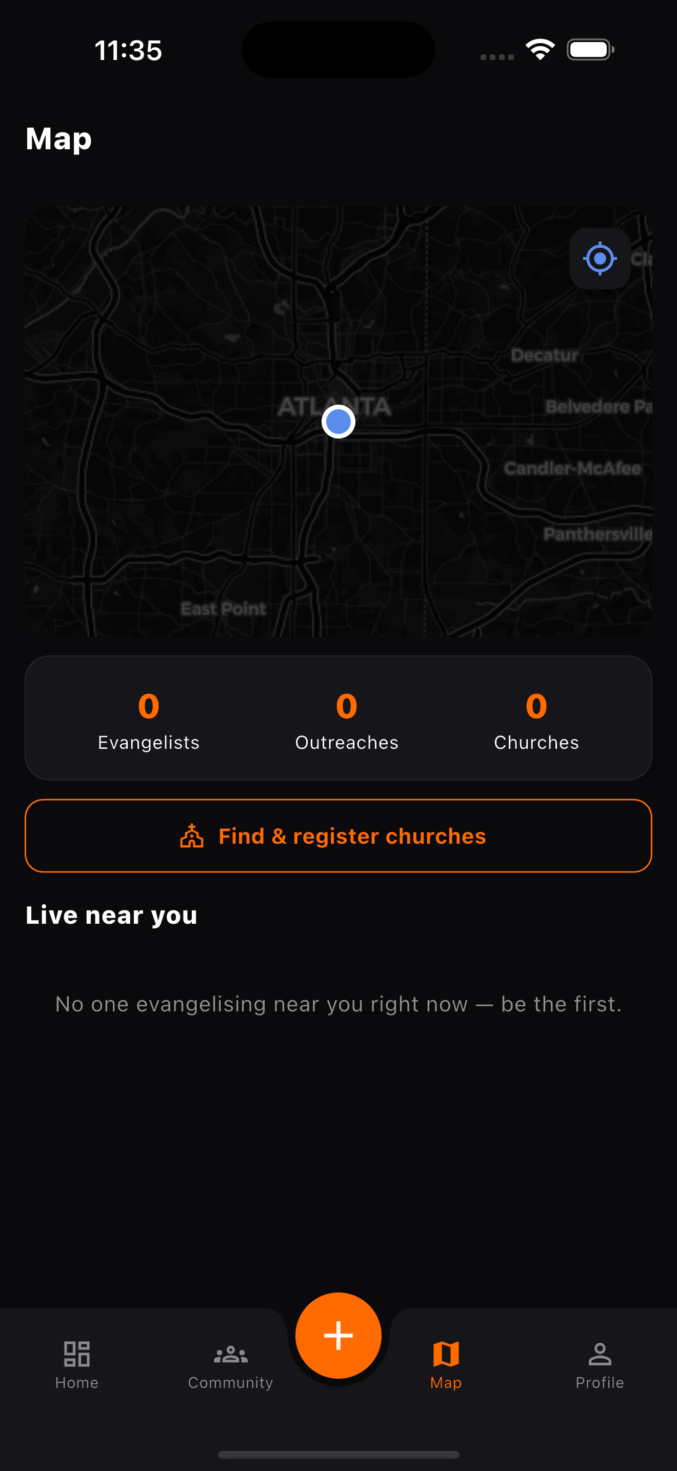 The Witnesses map screen showing nearby evangelists, outreaches, and churches.